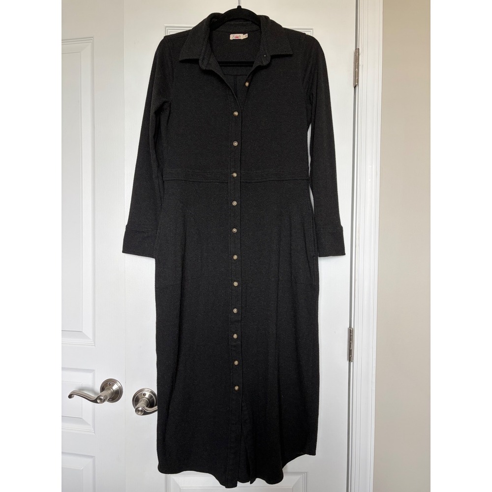 Faherty Charcoal Gray Textured Knit Button Down Midi Shirt Dress Pockets Small